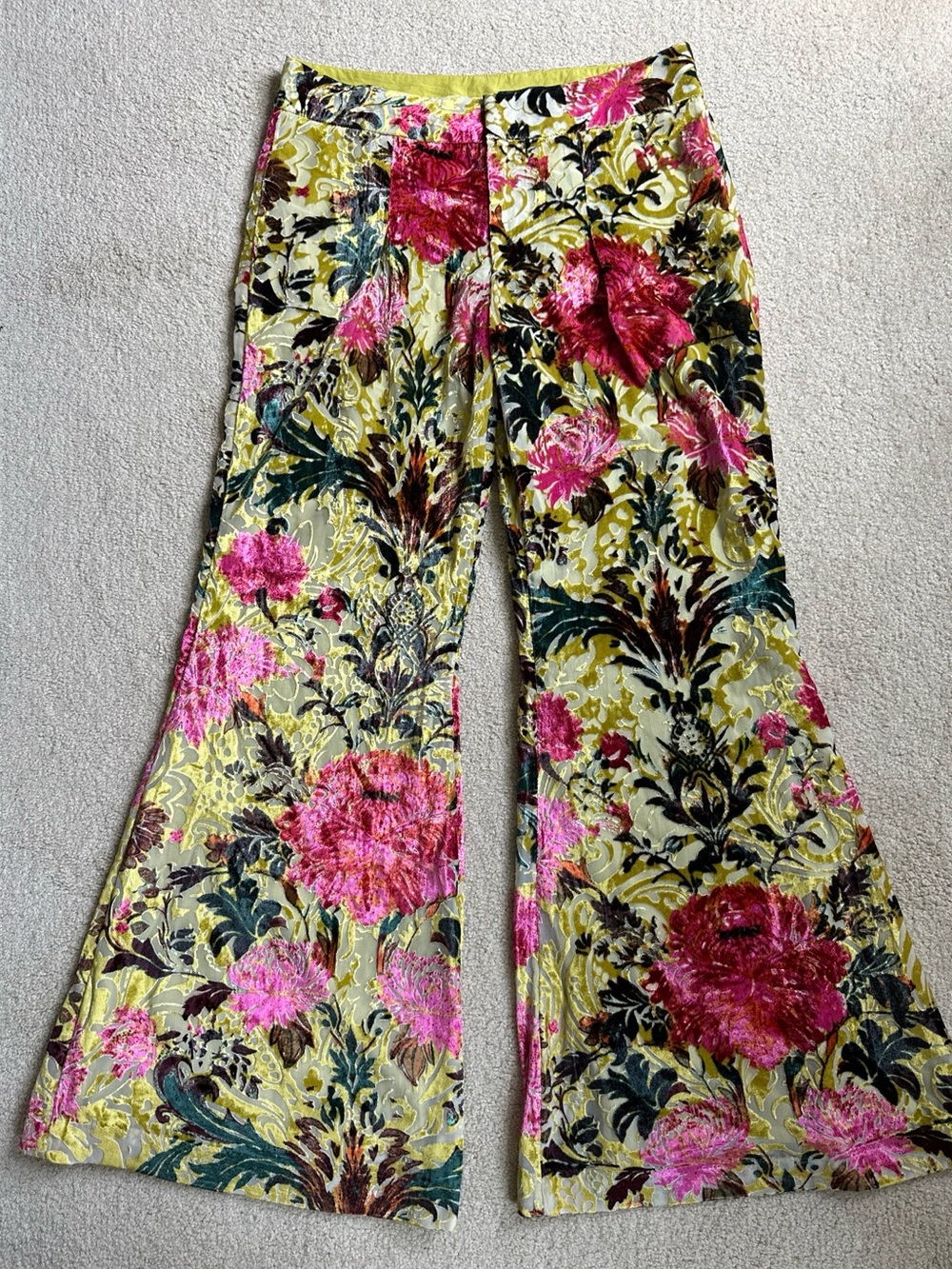 Free People Chartreuse Floral velvet Burnout Wide Legged Boho Pants